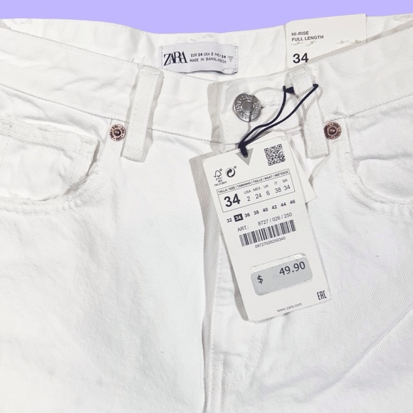 Women's Zara Hi-Rise Full Length Wide Leg White Denim Raw Hem Size 2/34L NWT - Picture 9 of 13